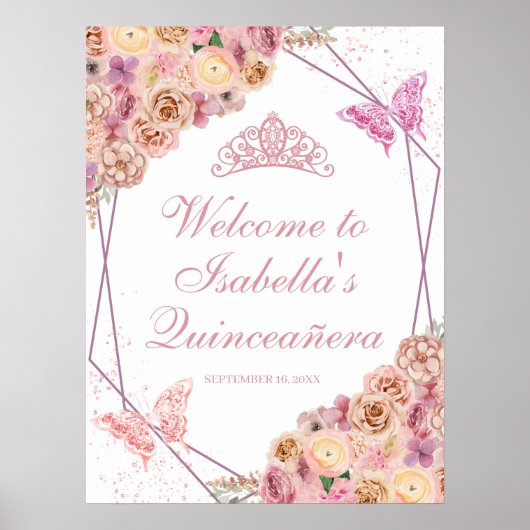 Blush Pink Floral Quinceanera Welcome Sign. Poster (Voorkant)