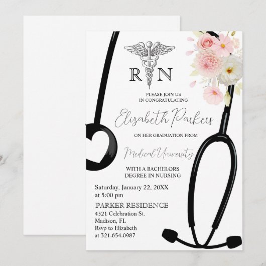 Blush Pink Floral RN Verpleegkundig Afstudeerfeest Kaart (Voorkant / Achterkant)