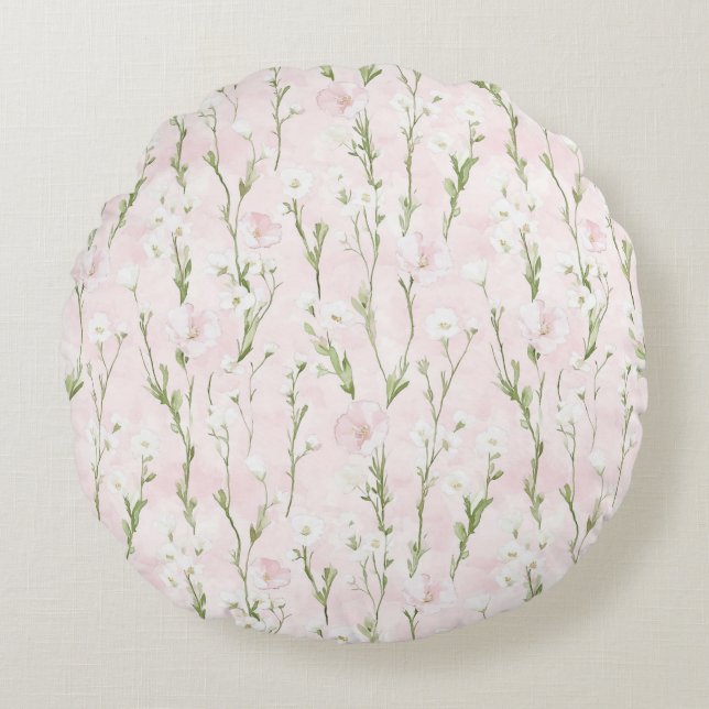 Blush Pink Floral Rond Kussen (Voorkant)