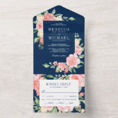 Blush Pink Floral Roos Garden Navy Blue Wedding All In One Uitnodiging (Binnen)