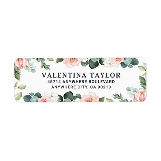 Blush Pink Floral Roos Garden Waterverf Weddenscha Etiket (Voorkant)