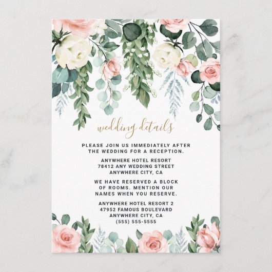 Blush Pink Floral Roos Garden Waterverf Weddenscha Informatiekaartje (Voorkant)