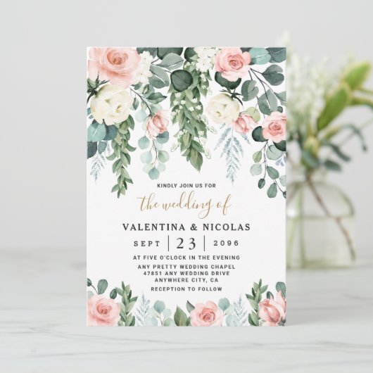 Blush Pink Floral Roos Garden Waterverf Weddenscha Kaart (Staand voorkant)