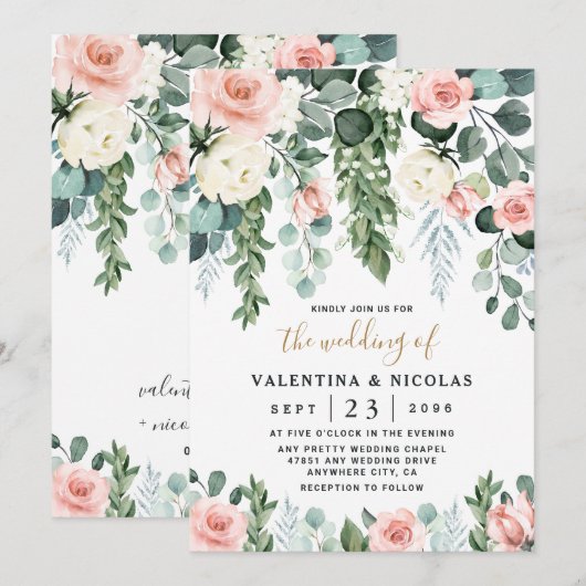 Blush Pink Floral Roos Garden Waterverf Weddenscha Kaart (Voorkant / Achterkant)