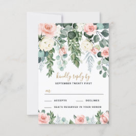 Blush Pink Floral Roos Garden Waterverf Weddenscha RSVP Kaartje