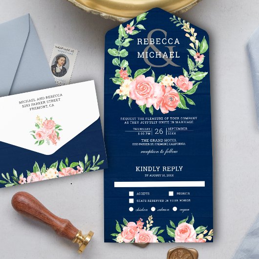 Blush Pink Floral Roos Garland Navy Blue Wedding All In One Uitnodiging