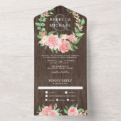 Blush Pink Floral Roos Garland Rustic Wood Weddens All In One Uitnodiging (Binnen)