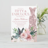 Blush Pink Floral Roos Gold Dress 50th Birthday Kaart (Staand voorkant)