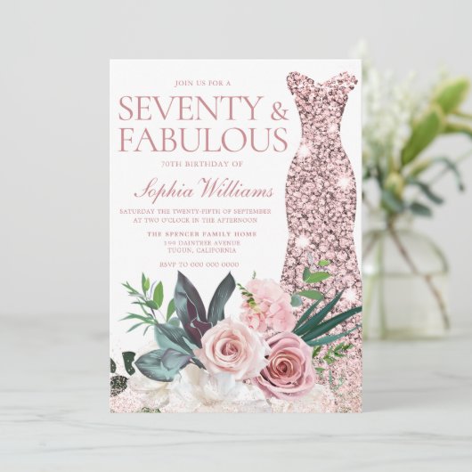 Blush Pink Floral Roos Gold Dress 70th Birthday Kaart (Staand voorkant)