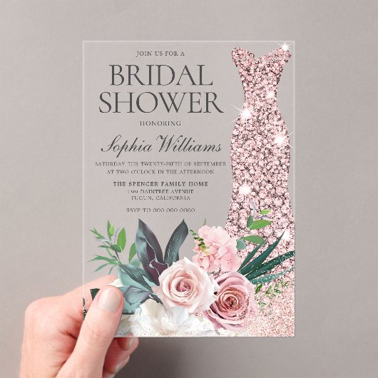 Blush Pink Floral Roos Gold Dress Vrijgezellenfees Acryl Uitnodigingen (Insitu (Draagbaar))