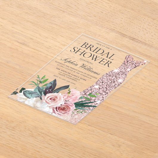 Blush Pink Floral Roos Gold Dress Vrijgezellenfees Acryl Uitnodigingen (Laagn)