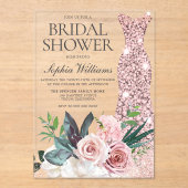 Blush Pink Floral Roos Gold Dress Vrijgezellenfees Acryl Uitnodigingen (Voorkant)