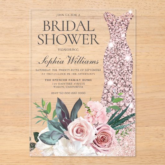 Blush Pink Floral Roos Gold Dress Vrijgezellenfees Acryl Uitnodigingen (Voorkant)