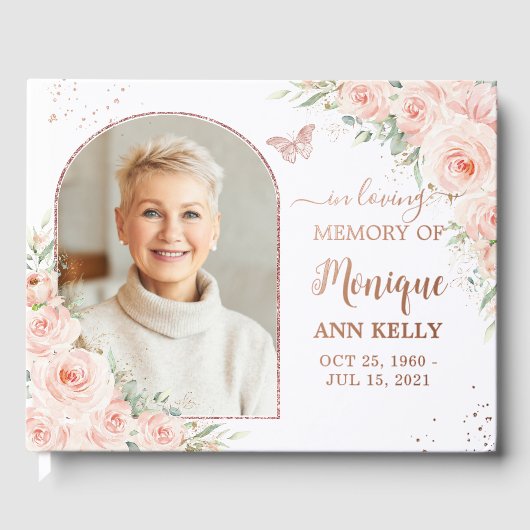 Blush Pink Floral Roos Gold Memorial begrafenis fo Gastenboek (Voorkant)