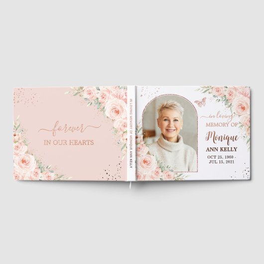Blush Pink Floral Roos Gold Memorial begrafenis fo Gastenboek (Volledig)