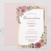 Blush Pink Floral Roos Gold Quinceañera Kaart (Voorkant / Achterkant)