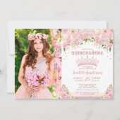 Blush Pink Floral Roos Gold Quinceañera Verjaardag Kaart (Voorkant)