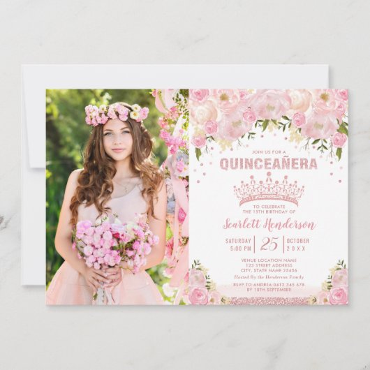 Blush Pink Floral Roos Gold Quinceañera Verjaardag Kaart (Voorkant)