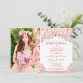 Blush Pink Floral Roos Gold Quinceañera Verjaardag Kaart (Staand voorkant)