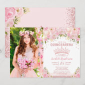 Blush Pink Floral Roos Gold Quinceañera Verjaardag Kaart (Voorkant / Achterkant)