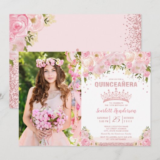 Blush Pink Floral Roos Gold Quinceañera Verjaardag Kaart (Voorkant / Achterkant)
