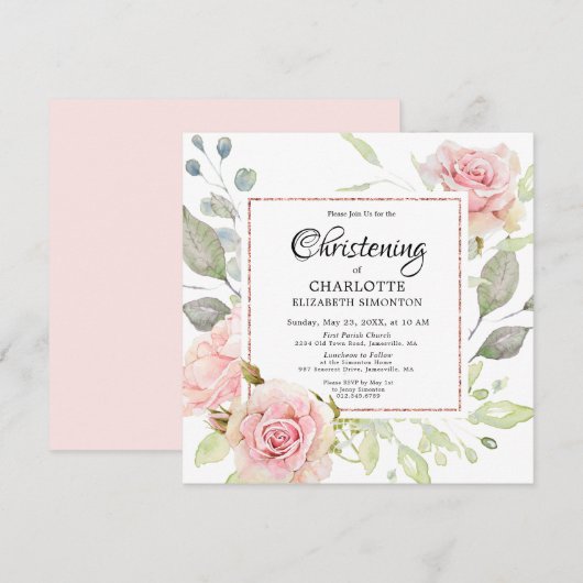 Blush Pink Floral Roos Gold Square Christening Kaart (Voorkant / Achterkant)