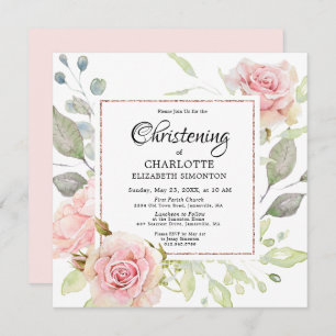 Blush Pink Floral Roos Gold Square Christening Kaart