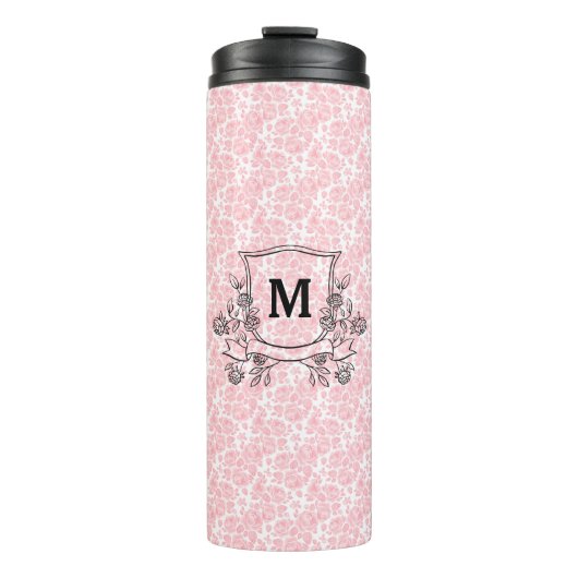 Blush Pink Floral Roos Pattern Monogrammed Thermosbeker (Voorkant)