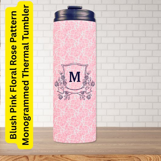 Blush Pink Floral Roos Pattern Monogrammed Thermosbeker