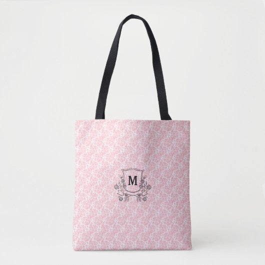 Blush Pink Floral Roos Pattern Monogrammed Tote Bag (Voorkant)