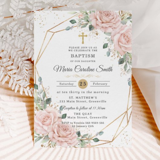 Blush Pink Floral Roses Gold Cross Baptism  Kaart