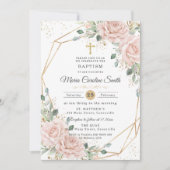 Blush Pink Floral Roses Gold Cross Baptism  Kaart (Voorkant)