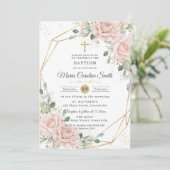 Blush Pink Floral Roses Gold Cross Baptism  Kaart (Staand voorkant)
