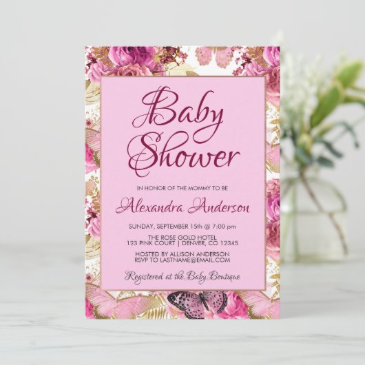 Blush Pink Floral Rozen Baby shower Monogram Kaart (Staand voorkant)