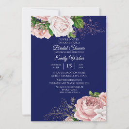 Blush Pink Floral Rozen Navy Blue Vrijgezellenfees Kaart