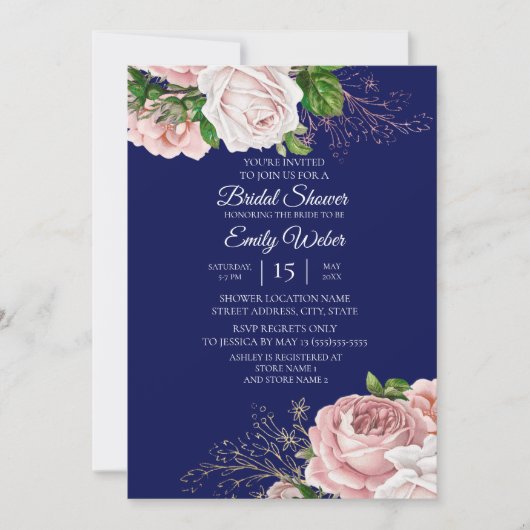 Blush Pink Floral Rozen Navy Blue Vrijgezellenfees Kaart (Voorkant)
