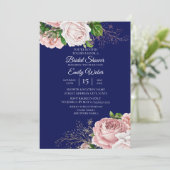 Blush Pink Floral Rozen Navy Blue Vrijgezellenfees Kaart (Staand voorkant)