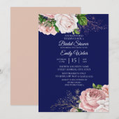 Blush Pink Floral Rozen Navy Blue Vrijgezellenfees Kaart (Voorkant / Achterkant)