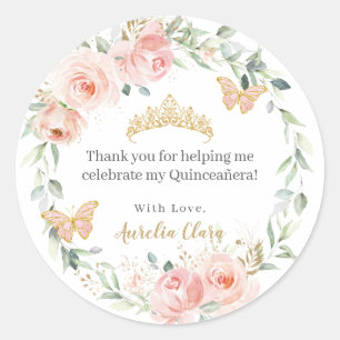 Blush Pink Floral Rozen Quinceañera 16th Birthday Ronde Sticker