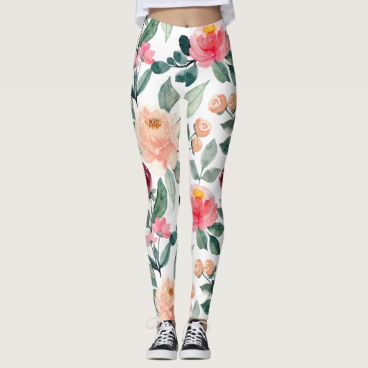 Blush Pink Floral Rozen Waterverf Patroon Leggings (Voorkant)