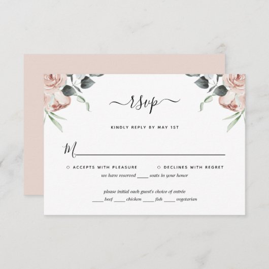 Blush Pink Floral Rozen Wedding RSVP Kaart (Voorkant / Achterkant)