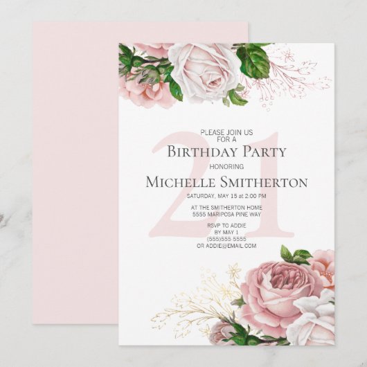 Blush Pink Floral Rozen White 21st Birthday Kaart (Voorkant / Achterkant)