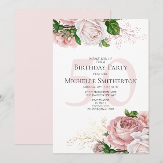 Blush Pink Floral Rozen White 50th Birthday Kaart (Voorkant / Achterkant)