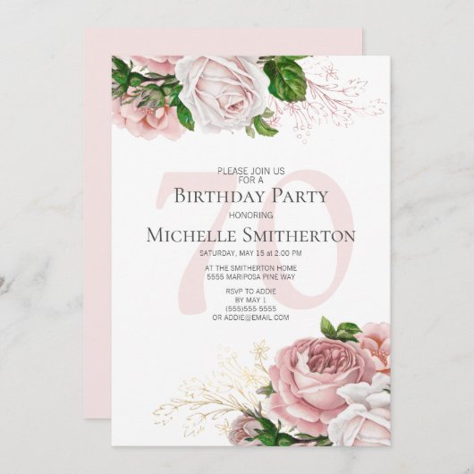 Blush Pink Floral Rozen White 70th Birthday Kaart (Voorkant / Achterkant)