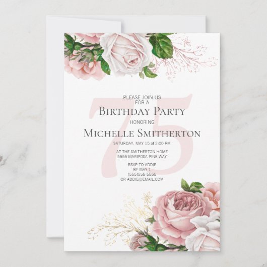 Blush Pink Floral Rozen White 75th Birthday Kaart (Voorkant)