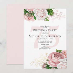 Blush Pink Floral Rozen White 75th Birthday Kaart
