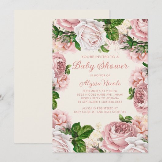 Blush Pink Floral Rozen White Girl Baby shower Kaart (Voorkant / Achterkant)