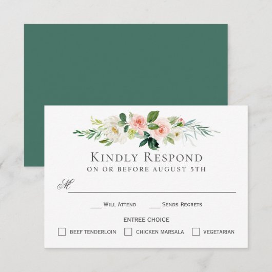 Blush Pink Floral RSVP-kaart met Entree-keuzes Kaart (Voorkant / Achterkant)