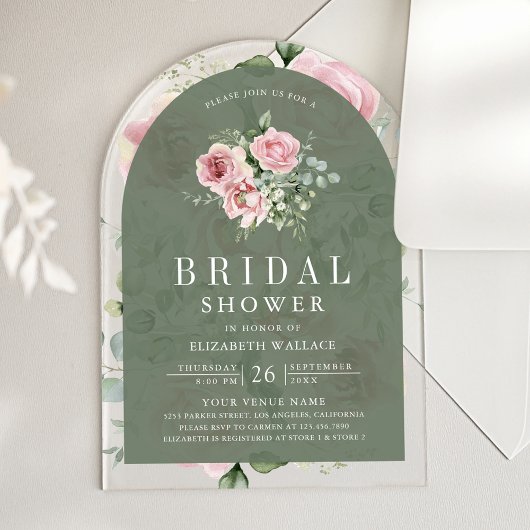 Blush Pink Floral Sage Green Bridal Shower Acryl Uitnodigingen