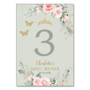 Blush Pink Floral Sage Green Butterflies Sweet 16 Kaart